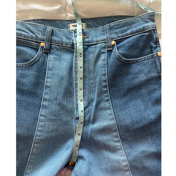 Wrangler WROCK High Rise Kick Flare Jeans Blue Denim Split Panel Raw Hem 29x28 - Picture 6 of 7